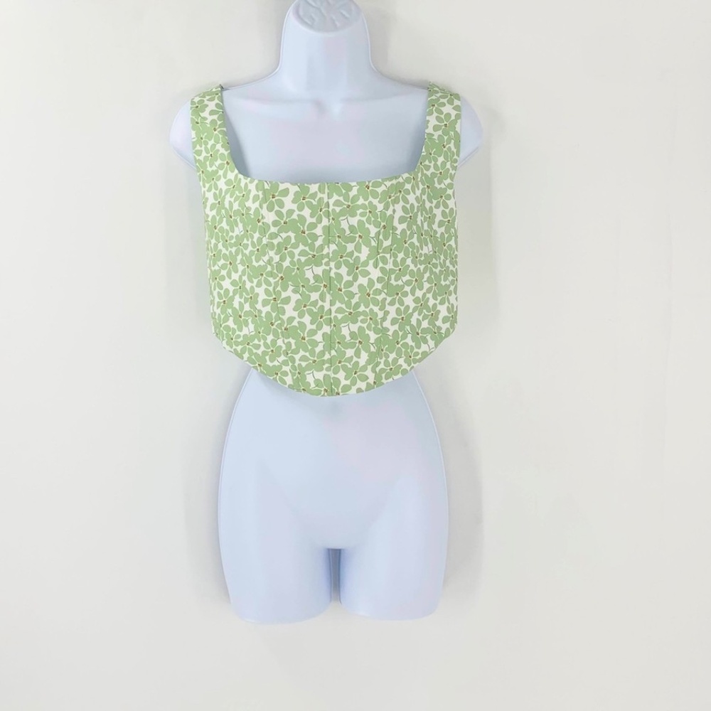 Princess Polly Women Corset Top Green Square Neckline Floral Sleeveless Sz 8